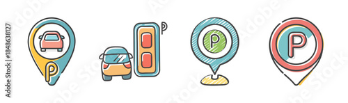 Essential parking icons illustrating location markers, payment, and car park availability