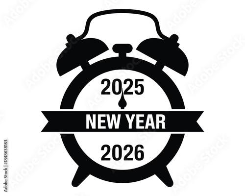 New Year alarm clock icon with 2025 and 2026