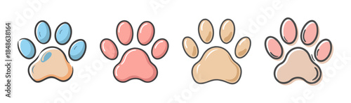 Cute cartoon paw prints in various pastel colors with a charming hand-drawn style