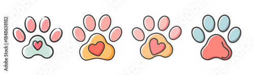 Adorable cartoon animal paw prints with charming heart designs and soft watercolor textures