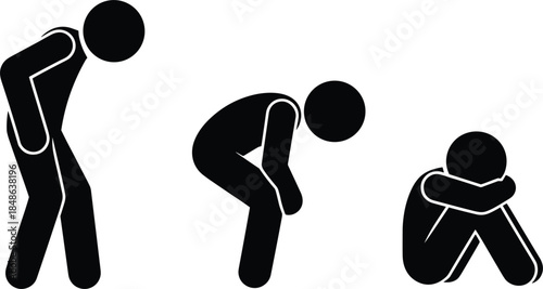 Three Stick Figures Depicting Sadness and Despair in Black Silhouette Keywords: sadness, despair, depression, sorrow, grief