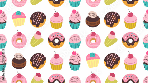 Colorful assortment of cupcakes and donuts with various toppings and decorations