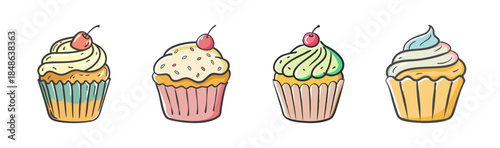 A delightful collection of four hand-drawn cupcakes with colorful frosting and cherries