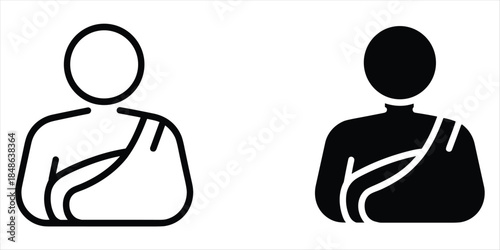 Two icons of a person with an arm sling one line art one solid black injury broken arm