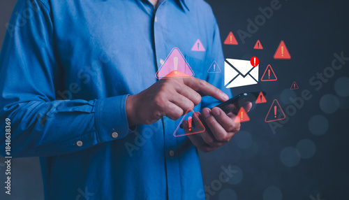 Urgent alert phishing email threats and scam warnings for online protection against fraud attacks in digital communication environment