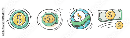 Hand-drawn financial icons depicting money circulation, global transactions, and fast payments