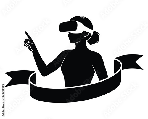 Woman wearing virtual reality goggles pointing with finger