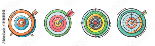 Vibrant hand drawn target boards with arrows, symbolizing goals, success, and precision