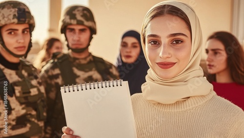 Young woman in hijab holds sketchbook, soldiers and women in background. Concept of peace, hope, and future