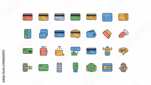 Colorful icons representing various objects and activities, including food, electronics, and household items, isolated on