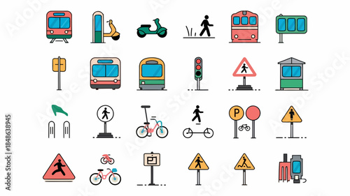 Set of transportation and traffic signs, vehicles, and road symbols, isolated on