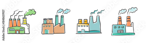 Industrial factories set with smoking chimneys in a charming cartoon style illustration