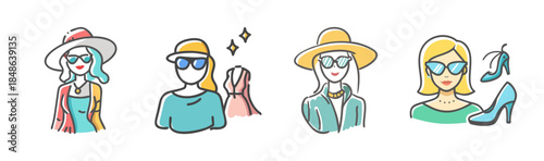 Stylish women with fashion accessories icons set depicting elegance and contemporary trends