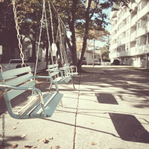 Three empty swings hang silently in a quiet residential area, casting long shadows on the pavement