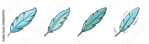 A delightful illustration of various light blue and teal feathers in a charming cartoon style