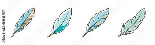 A charming collection of hand-drawn stylized feathers in various blue and green hues