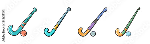 Colorful cartoon field hockey sticks and balls set for sport and recreation