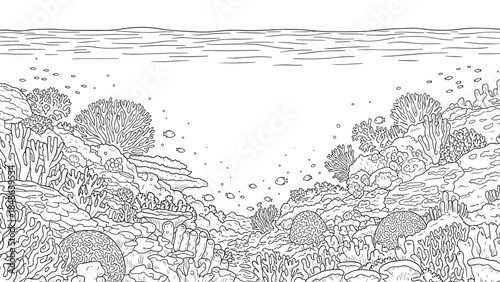 Underwater coral reef scene in linear outline style with diverse marine life