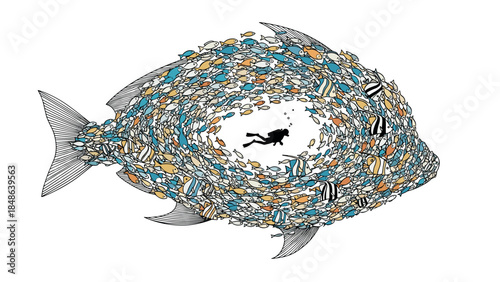 Diver surrounded by colorful fish forming a giant fish shape in the ocean