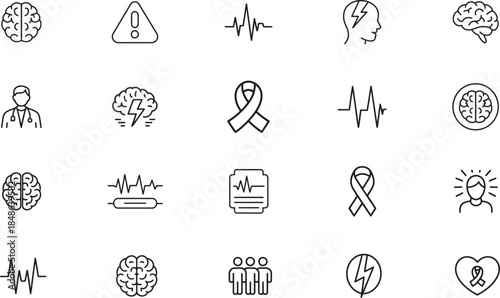 Medical Brain and Neurology Line Icon Set with Healthcare, Mental Health, ECG, Awareness Ribbon, Diagnosis Symbols Isolated on White Background Vector Illustration