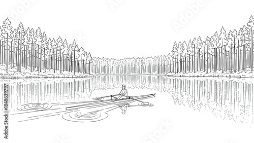 Tranquil rowing experience on serene forest lake reflecting tall pine trees