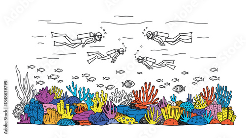 Underwater adventure: flat style scuba diving amidst vibrant coral reefs and marine life