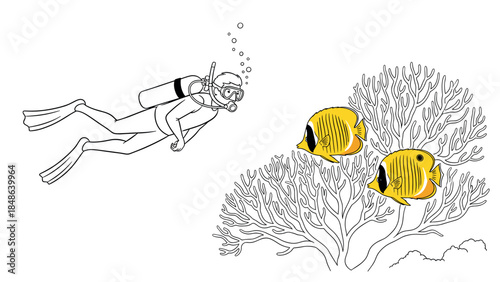 Scuba diver exploring coral reef with colorful fish in line art style