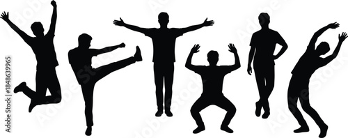 Active male silhouettes performing fitness, dance and stretching poses, isolated black human figures, movement concepts on white background
