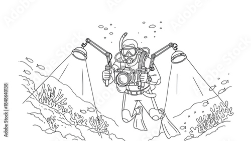 Diver with underwater camera capturing marine life in linear deep-sea adventure scene