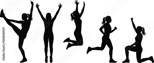 Athlete, silhouette, fitness, exercise, movement, dynamic, pose, jump, run, kick, stretch, kneel, celebration, action, sport, training, workout, body, energy, motion, strength