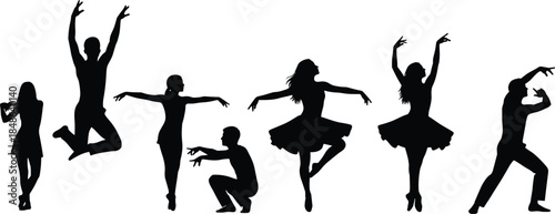 Ballet and contemporary dancers silhouettes performing artistic movements, graceful dance poses concept, men and women dancing isolated on white background