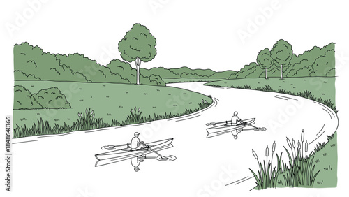 Outdoor river kayaking scene in minimalist line art with nature landscape