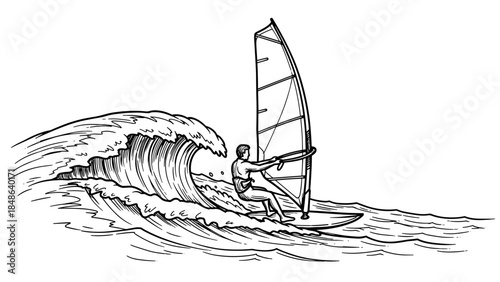 Dynamic wind surfer riding ocean wave in detailed black and white drawing