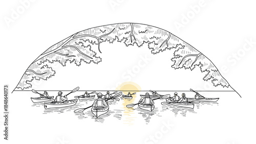 Kayaking adventure on serene lake under tree arch with multiple paddlers