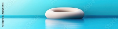 A smooth, off-white, donut-shaped object floats serenely on a turquoise surface, creating a minimalist, abstract scene