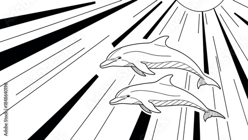 Dolphins swimming in sunlit waters with dynamic lines