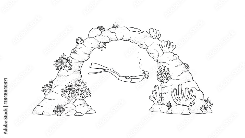 Fototapeta premium Scuba diver exploring underwater rock arch with coral in linear design