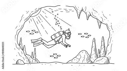 Underwater adventure: diver exploring a pristine cave with marine life line art