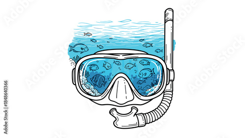 Snorkeling adventure underwater scene with mask and marine life