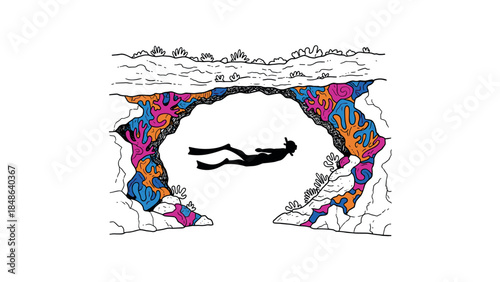 Colorful underwater cave with diver silhouette and coral patterns