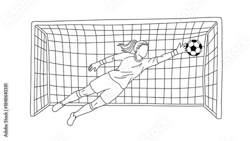 Female soccer goalkeeper in dynamic save pose outline