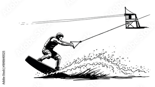 Dynamic water sports: monochrome wakeboarding in action