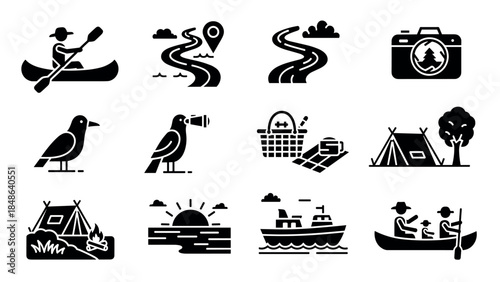 Adventure icons set: paddling, camping, hiking, wildlife, and navigation in flat style
