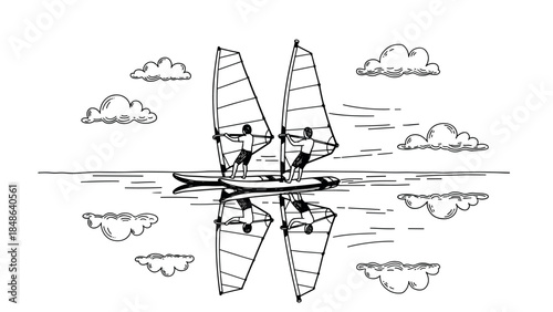 Sailing adventure: black and white linear art with cloud reflections