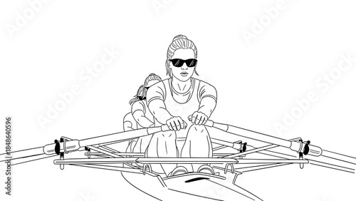 Rowing team in action: woman athletes in black and white line drawing