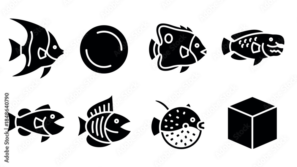 Fototapeta premium Stylized minimal fish icons set with geometric designs