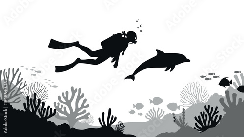 Silhouette of diver and dolphin in underwater coral reef scene