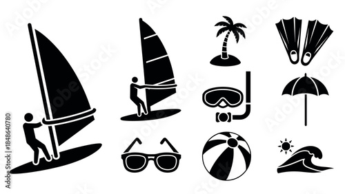 Silhouette icons of windsurfing and beach gear for summer activities