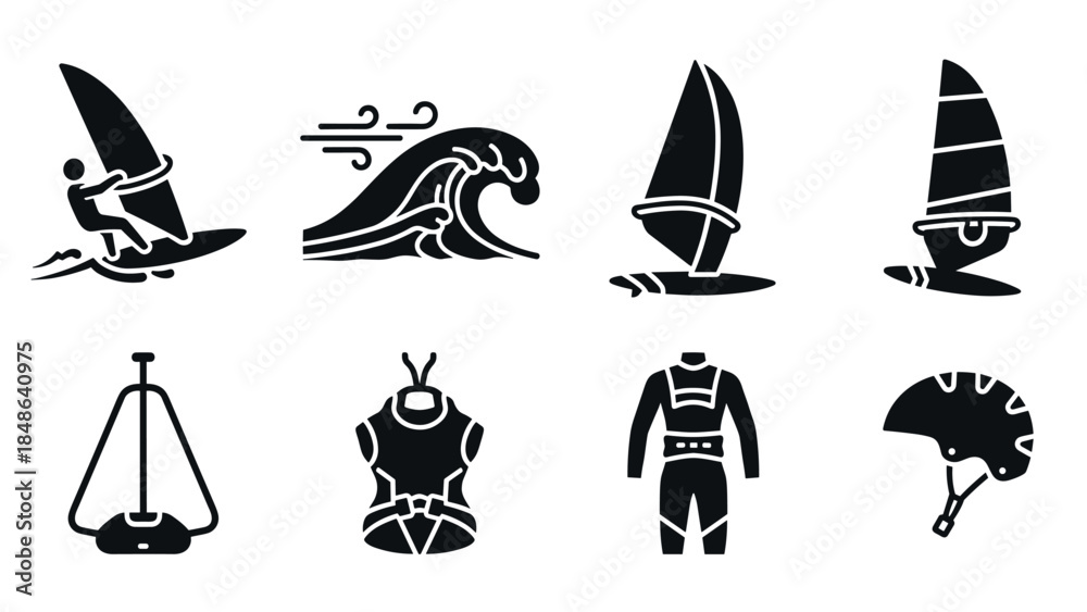 Fototapeta premium Windsurfing elements collection: black silhouettes of gear and action