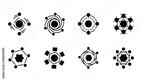 Geometric abstract icons set with circular and polygonal symmetry in silhouette style